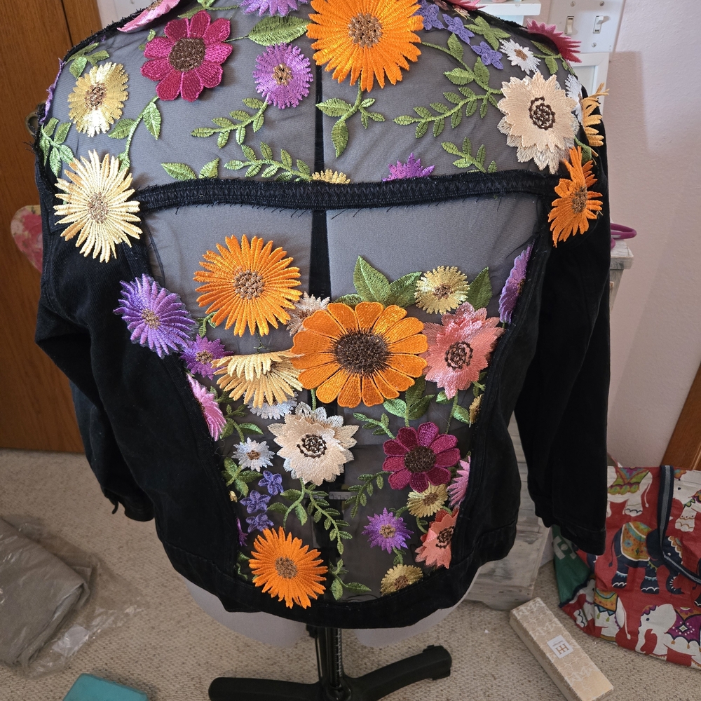 Floral Embroidered Black Denim Jacket - Picture 4 of 8